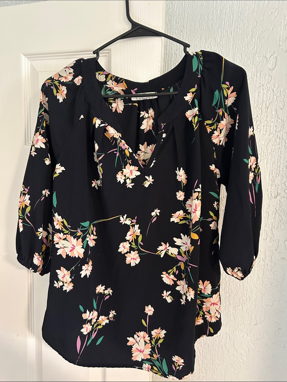 ezra Black Floral Split-Neck Blouse with Pink Blossoms